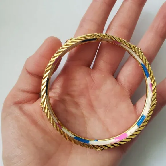 VTG Colourful Floral Gold Toned Bangle Bracelet - Picture 7 of 8